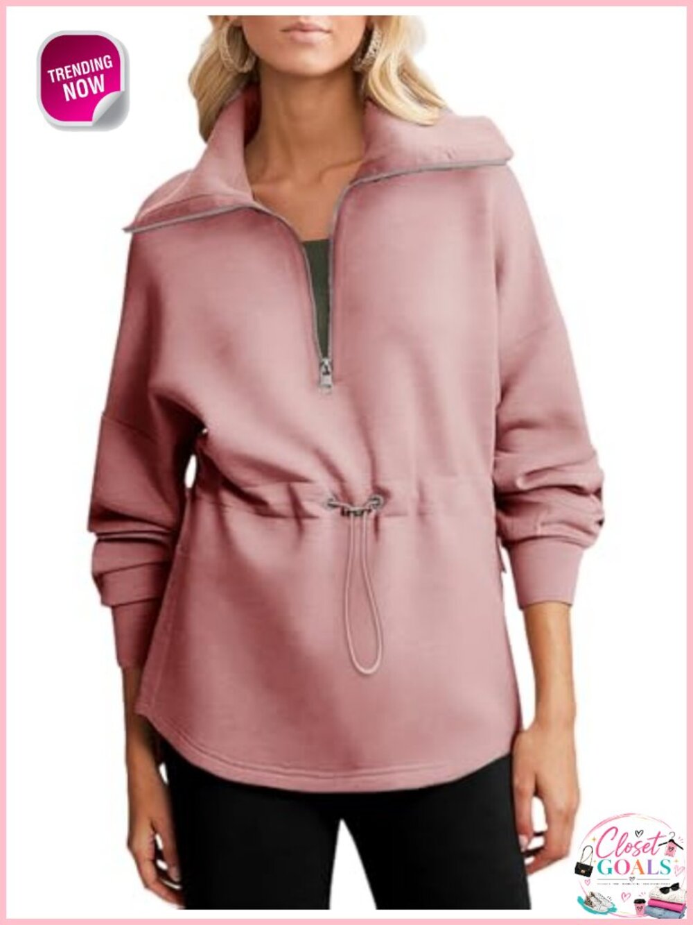 Womens Oversized Half Zip Sweatshirt Drawstring Waist Side Slits